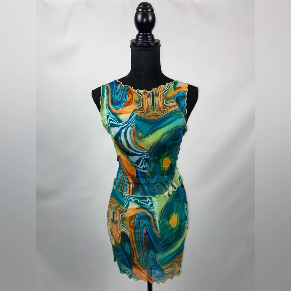 Matching Set Dress Multicolor Marble Print Mesh Dress Lettuce Trim SHEIN - Picture 2 of 11